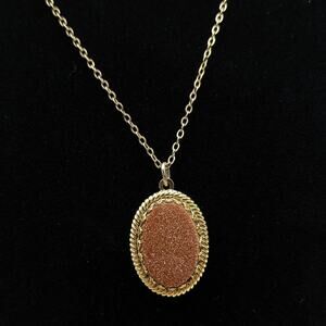 Vintage 1/20 12k GF Chain w/ Gold Tone Glittery Goldstone Oval Pendant Necklace
